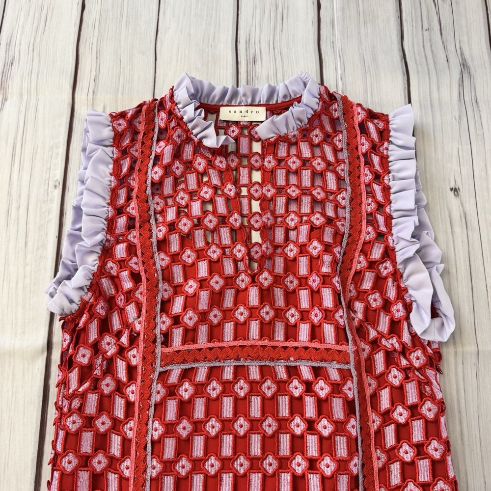 Sandro Paris Textured Lace Split Neck Dress Size 36‎ Small Women's Red - Picture 3 of 14